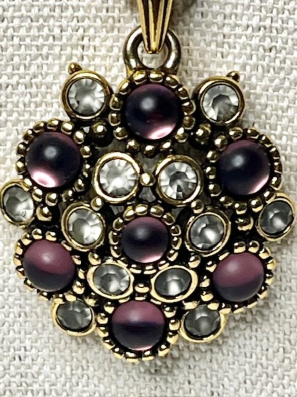 Pendant Necklace Purple Gray Stones Smokey Matte Finish Gold Tone Setting 30"